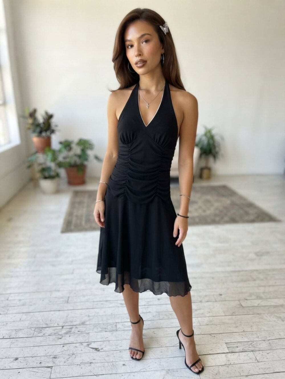 VTG Trixxi Black Halter Dress Ruched Drop Waist Chiffon Y2K 90s Flirty Midi S